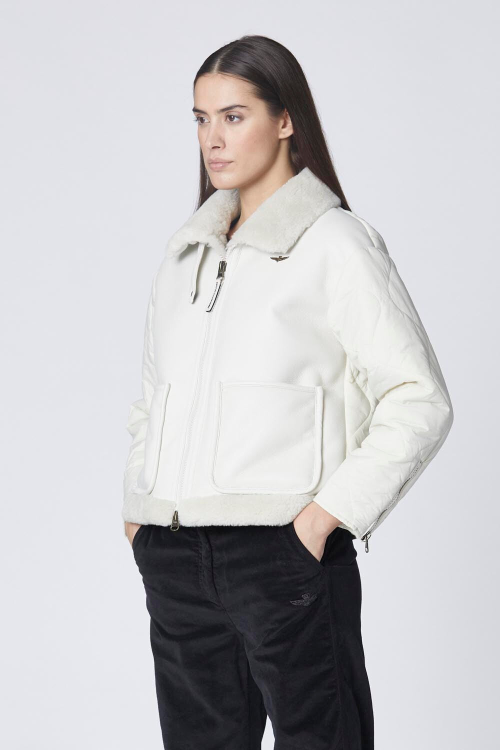 Eco-friendly shearling aviator jacket