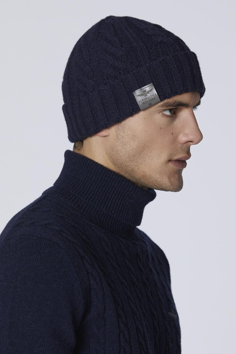 Cable knit beanie with logo label