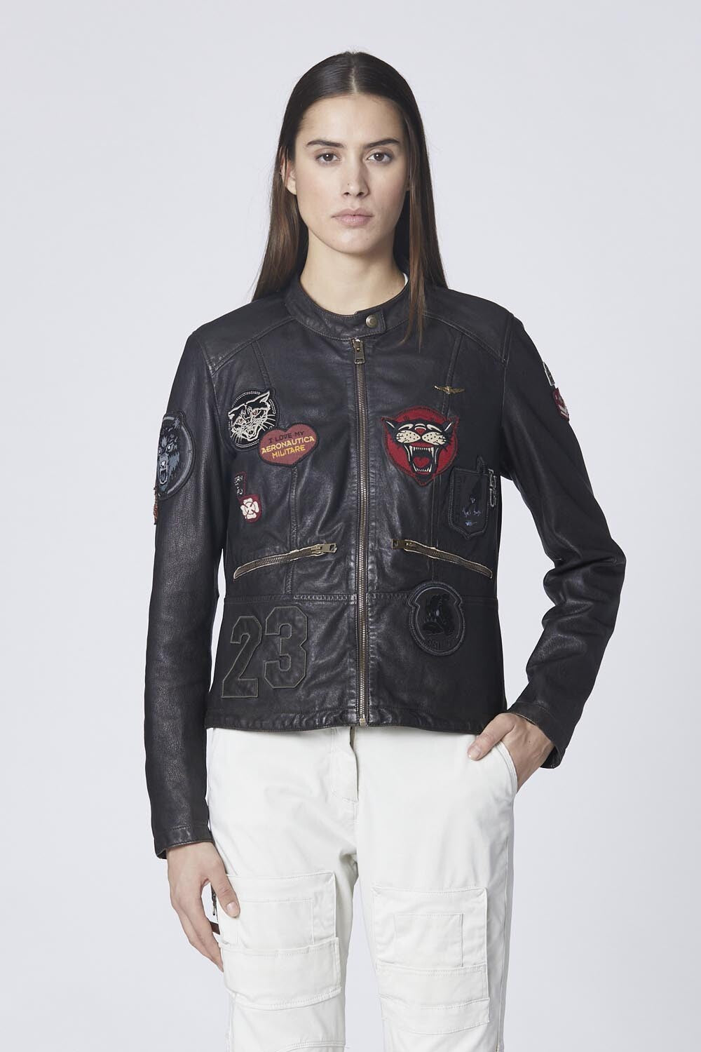 Leather jacket with multiple patches