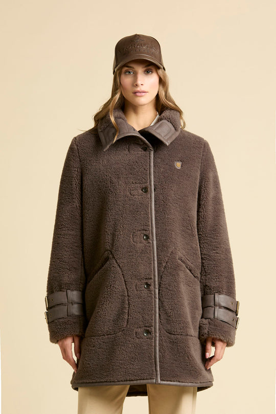 Faux fur coat with leather-effect detail