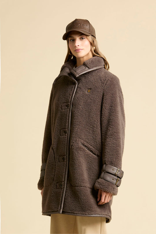 Faux fur coat with leather-effect detail