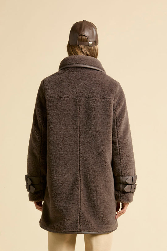 Faux fur coat with leather-effect detail