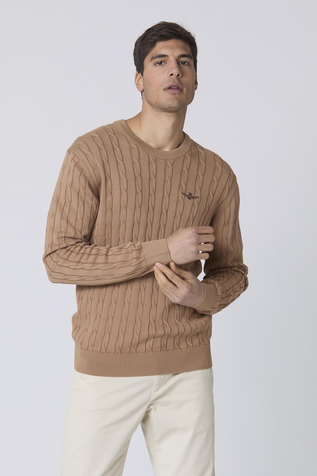 Cable knit cotton crewneck sweater