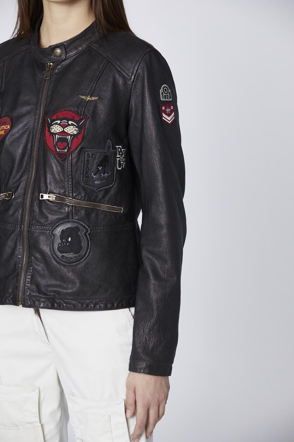 Leather jacket with multiple patches