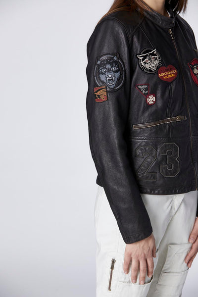 Leather jacket with multiple patches