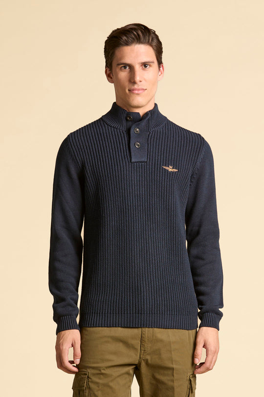 High-neck cotton sweater with buttons