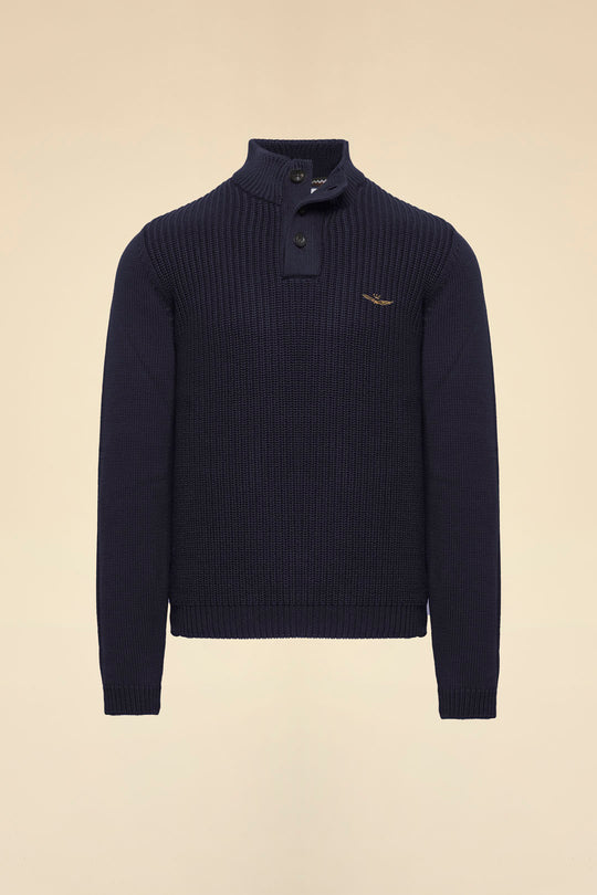 High-neck cotton sweater with buttons