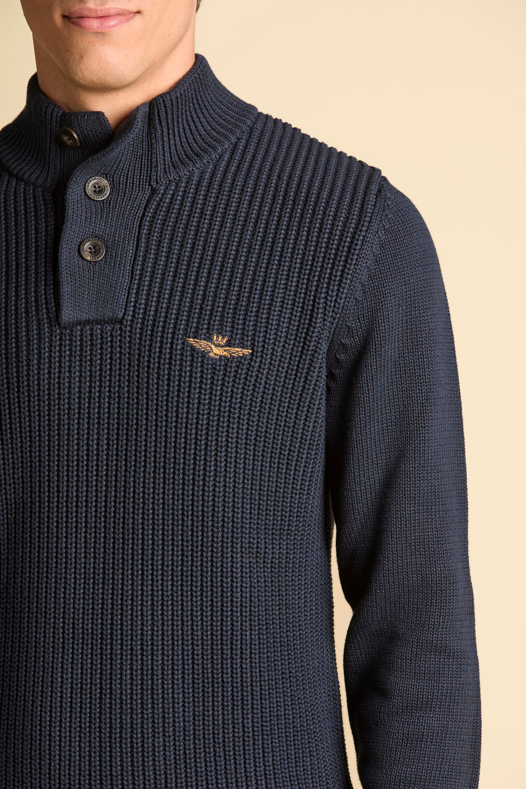 High-neck cotton sweater with buttons