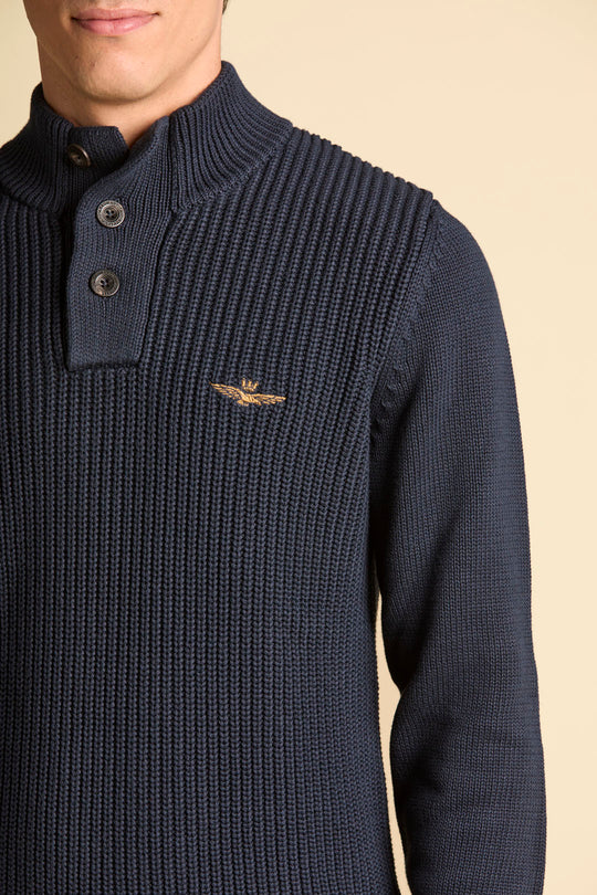 High-neck cotton sweater with buttons