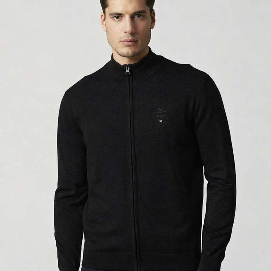 Merino wool sweater with zip and logo