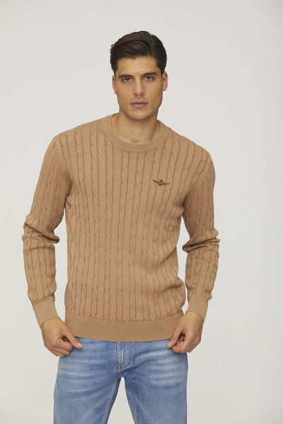 Cable knit cotton crewneck sweater