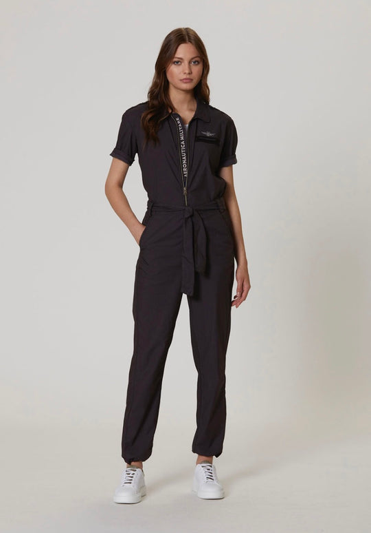 Short-sleeved jumpsuit in poplin/nylon