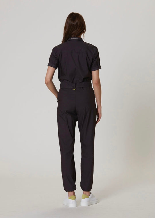 Short-sleeved jumpsuit in poplin/nylon