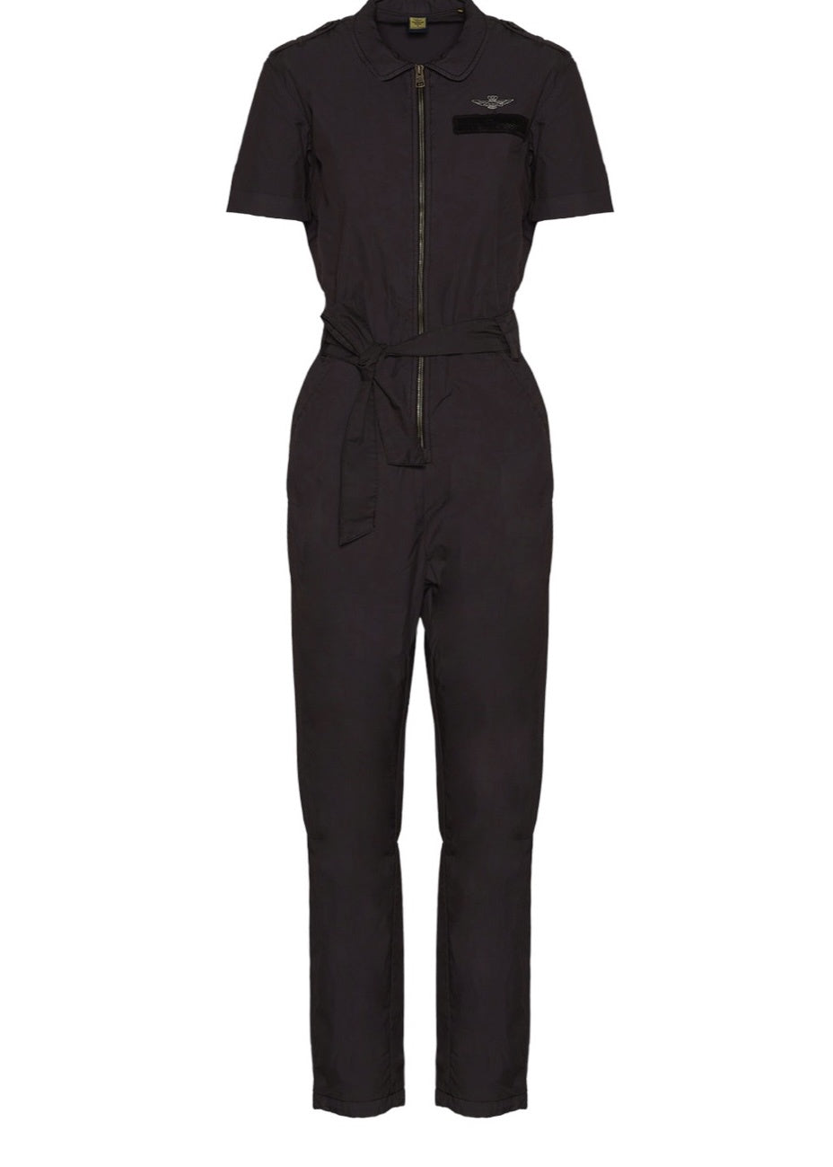 Short-sleeved jumpsuit in poplin/nylon